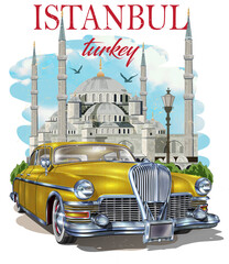 Istanbul typography for t-shirt print with Blue Mosque and retro car.Vintage poster.