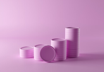 Pile of pink coins placed on a pink background, 3d rendering