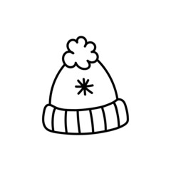 Winter warm hat with pompom isolated on a white background. Vector hand-drawn illustration in doodle style. Perfect for cards, logo, decorations, holiday designs.