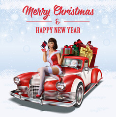Christmas pin-up girl with gift box in hands while sitting on retro car.Merry Christmas and Happy New Year postcard.