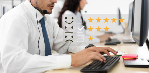 Group of call center business operator customer support team phone services work and talking with feedback icon satisfaction survey and customer service on computer at call center