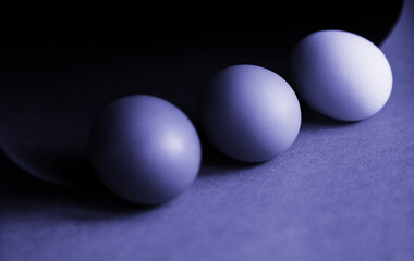 The color of 2022. Abstract background painted in a fashionable color.Chicken eggs are laid in a row on paper. Paper rolled into a spiral or oval.