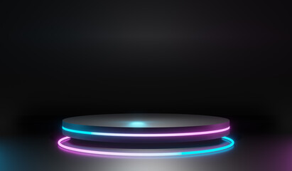 Black podium with glowing neon ring. Modern 3d rendering for product display presentation