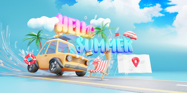 Hello to Summer 2022 banner design. driving a car go to the Beach, colorful beach elements with 3d Lettering in blue background, 3d Illustration.