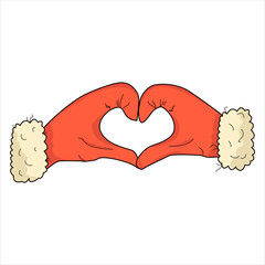 Heart-shaped hands in red mittens on a white background. 
