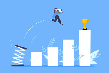 Springboard businesswoman high jump flat style design vector illustration concept. Business person jumps above career ladder. Success growth, motivation opportunity, boost career concept.