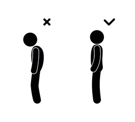 correct posture illustration, spine curvature icon, man stands with a straight back