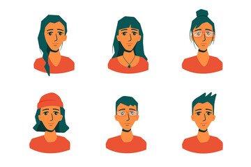 Young people's set avatars in simple style. Flat vector illustration.