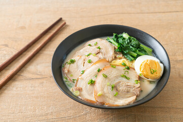 Ramen noodles in pork bone soup with roast pork and egg