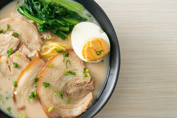 Ramen noodles in pork bone soup with roast pork and egg