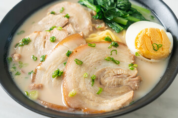 Ramen noodles in pork bone soup with roast pork and egg