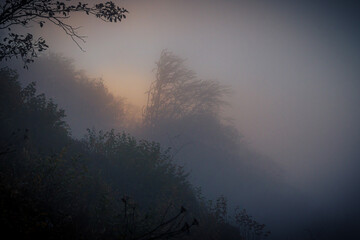 Fototapeta premium Misty morning in the mountains, clouds and fog during sunrise. Poland