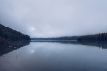 Morning view foggy Kucherla mountain lake. Belukha national park, Altai republic, Siberia, Russia