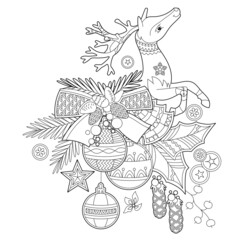 Cute Christmas reindeer. Winter holiday decoration. Black and white elements. Traditional festive balls for season design. Hand drawn illustration in zentangle style for children and adults, tattoo.