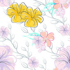 Pink Flowers Blooming Pattern. Pastel Watercolor.