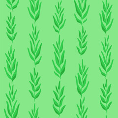 Green Seamless Pattern with herbs. Trendy green colors. Hand drawn print twigs with leaves. Floral ornament of vertical lines of leaves. Decorative background for textile, fabric, wallpaper. Vector.
