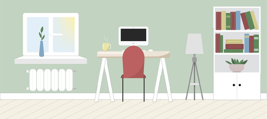 Workplace room at home, modern Interior, cabinet. Office with computer. Colorful vector illustration in flat cartoon style.