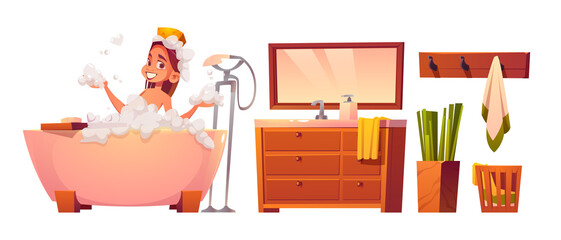 Set girl washing body sitting in foamy bath tub with bubbles. Bathroom furniture sink, mirror, hanger with towel, potted plant and basket for linen. Woman relax in bathtub, Cartoon vector illustration