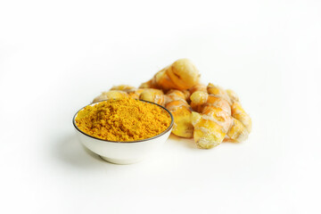 Fresh turmeric on white background,raw material for cooking. Close up.