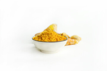 Fresh turmeric on white background,raw material for cooking. Close up.