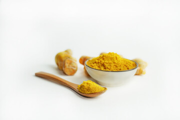 Fresh turmeric on white background,raw material for cooking. Close up.