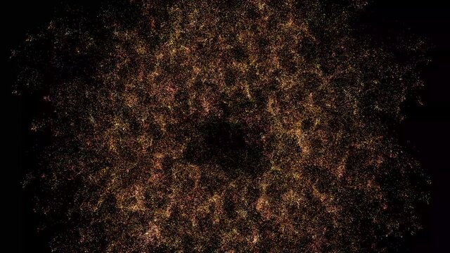 animation of an explosion of colored particles on a dark background with physics.