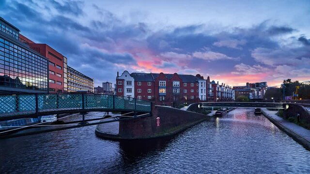 Birmingham city sunset timelapse. Canal Quarter cityscape, England, UK