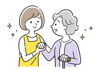 ベクターイラスト素材：介護、高齢者、生活支援、手をつなぐ
