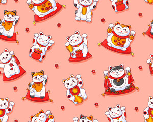 Cute Maneki Neko Japanese cat seamless pattern. Symbol of luck and wealth. Suitable for printing on paper and fabric. Vector cartoon background