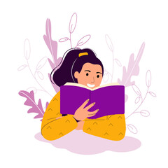 The girl reads a book while sitting. Young woman. Read More Books Concept Flat Vector Illustration.