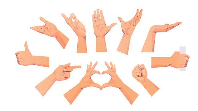 set human hands showing different gestures communication language gesturing concept horizontal