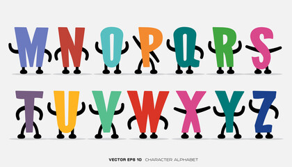 Set of alphabet letters with colorful designs and characters.