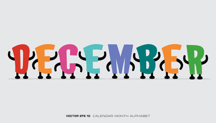 An alphabet that says December with colorful designs and characters.