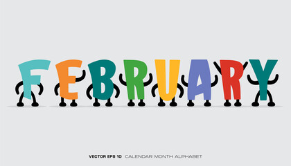 An alphabet that says February with colorful designs and characters.