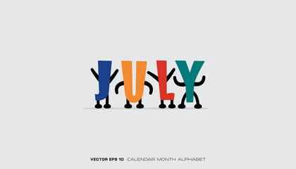 An alphabet that says July with colorful designs and characters.