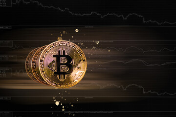 Gold Bitcoin crypto currency with blur gold bokeh. symbols forex trade chart stock market. plan investment currency profit income business finance for 2022 new year concept.