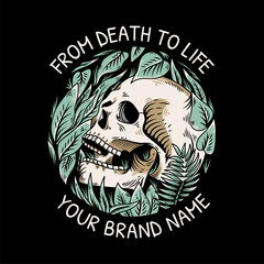 skull head with leaves arround illustration