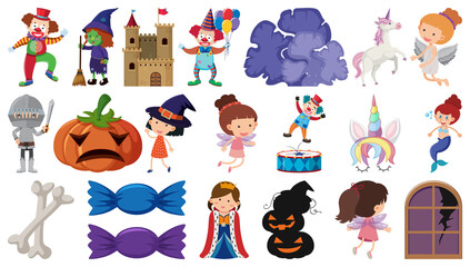 Set of isolated fairytale cartoon characters and objects