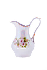 Vintage porcelain white jug with floral pattern isolated on white background