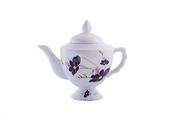 Ceramic chinese vintage white teapot with flower pattern isolated on white background. Copy space.