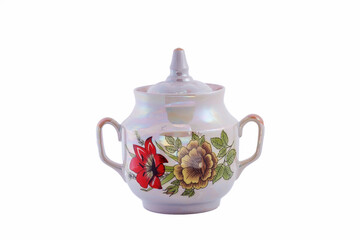 Ceramic white vintage sugar bowl with golden floral pattern isolated on white background. Copy space.