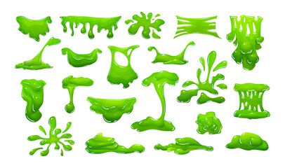 Realistic green slime in shape of dripping blob splashes smudges