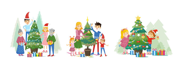 Happy family decorate Christmas tree set. Smiling mother, father, grandfather, grandmother, children