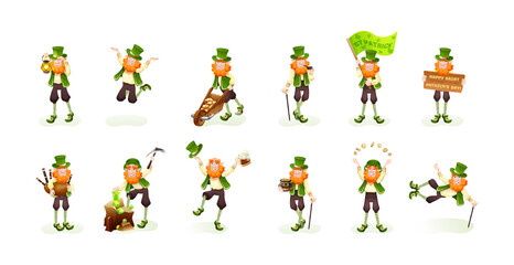 Obraz na płótnie Canvas Funny Irish fantastic character, gnome leprechaun set. Feast day of Saint Patrick