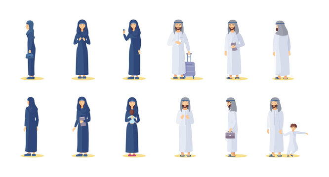 Arabic man woman set. Saudi people in traditional hijab daily life business, talking smartphone