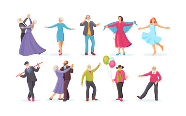 Old dancing people, elderly man and woman senior aged persons dance.