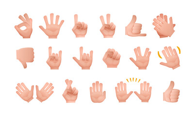 Different hands signs gesture set. Human arms fingers performing symbols agree, palm, peace