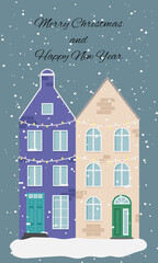 winter landscape with houses.Christmas card with houses. Amsterdam, Netherlands architecture. Cute colorful houses. Vector illustration. European style. Merry Christmas and Happy new year