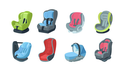 Baby child car seats for various age groups 0,1,2,3 child and infant, newborn baby. Armchairs for safe movement in vehicles, car type of child restraint, seat cartoon vector