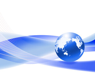 白背景に青の帯状模様と地球儀